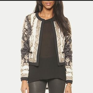 MARCHESA Voyage Notte Silk Scarf Quilted Bomber Jacket Blazer